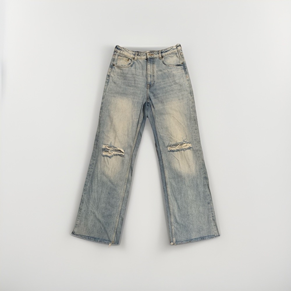 Zara Jeans High Rise Wide Leg Womens Size 10 Blue Distressed Raw Hem Denim 33x33